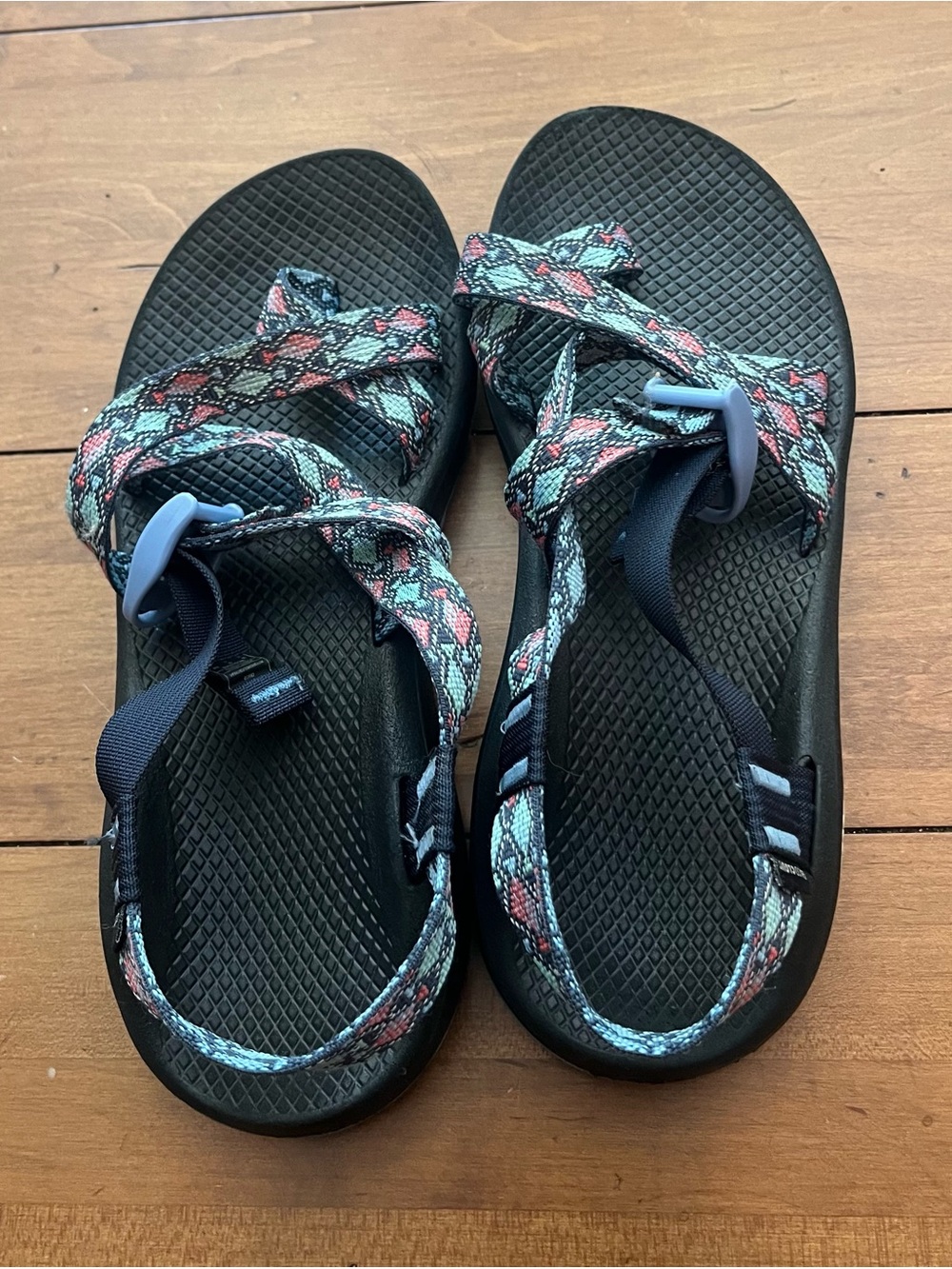 Chaco Women's Classic Sandals Black with Teal and Coral Pattern